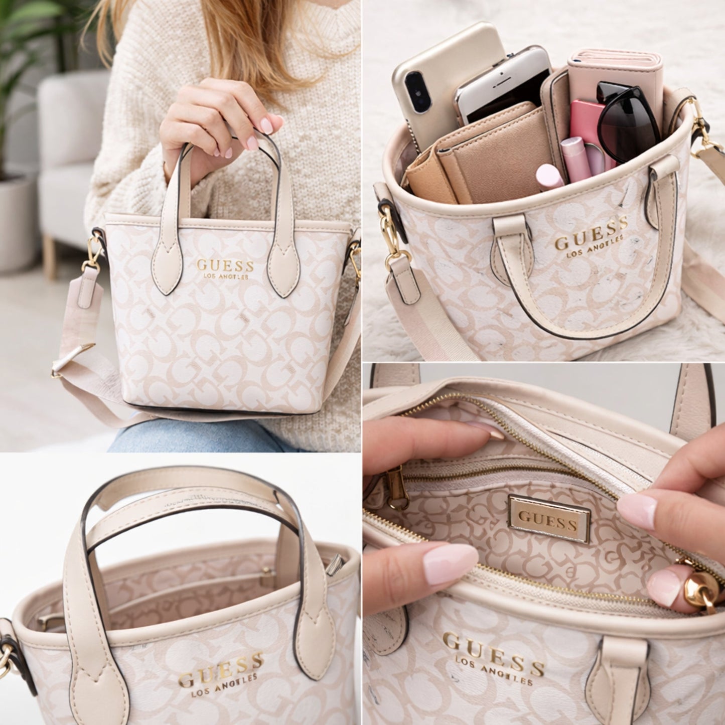 Cartera Guess Ashburn Mini Beige Monograma con Asas