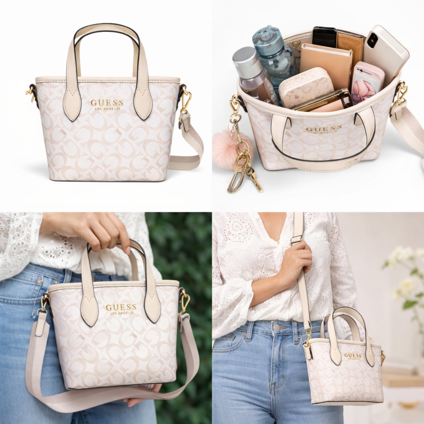 Cartera Guess Ashburn Mini Beige Monograma con Asas